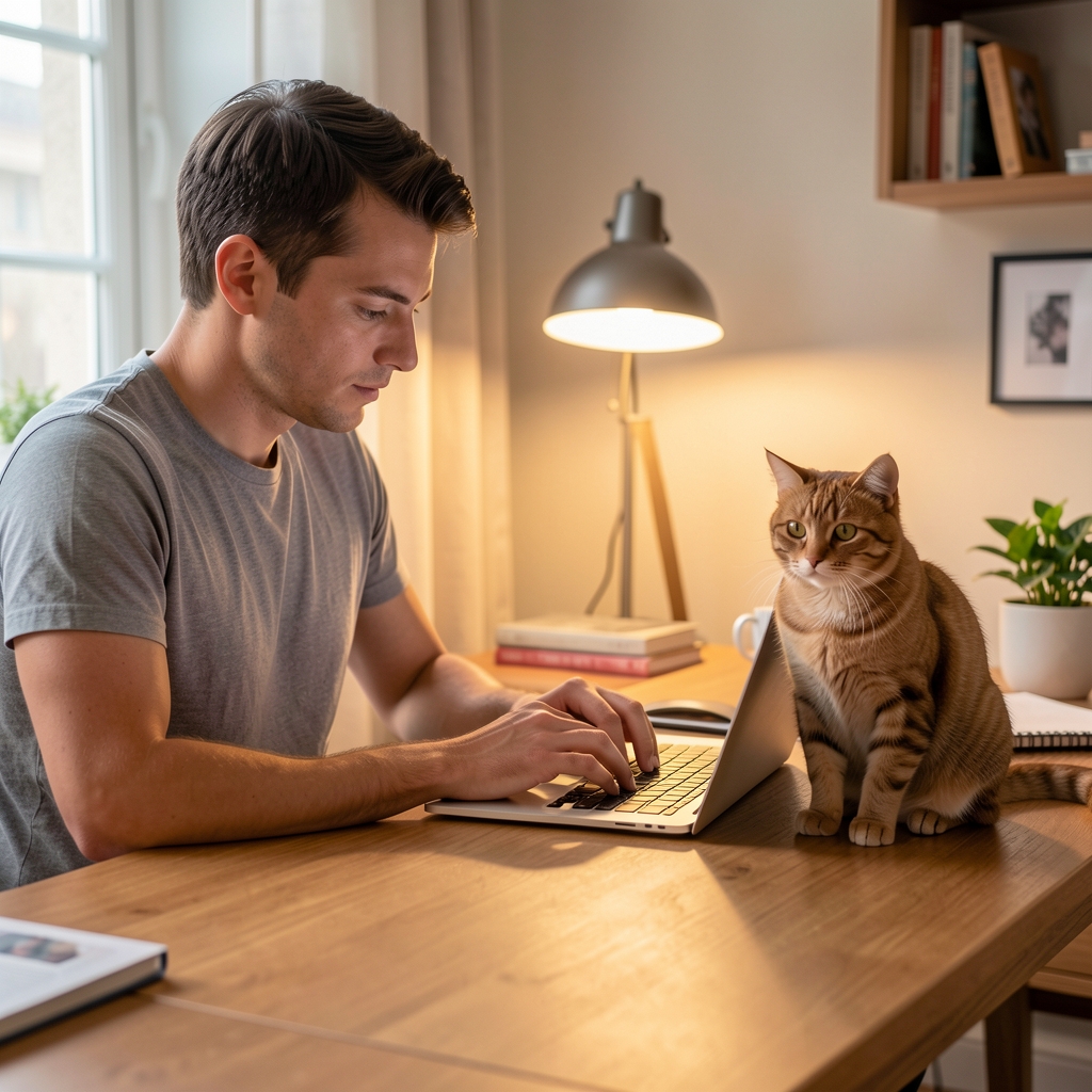 Laptop başında evcil hayvan bakım blogu okuyan kişi masada yanında kedi oturuyor sıcak ışıklı çalışma odası