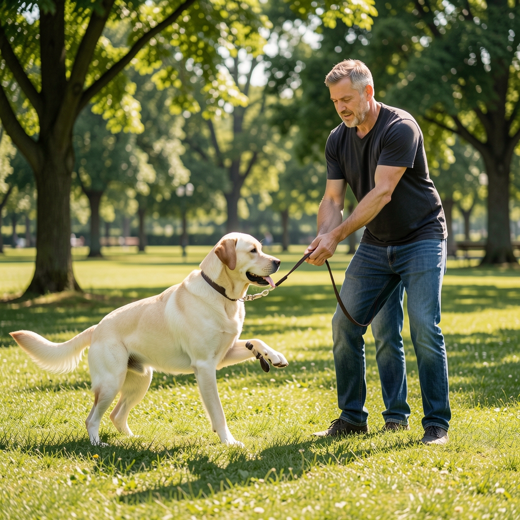 Profesyonel köpek eğitmeni golden retriever ile açık havada eğitim seansı yapıyor