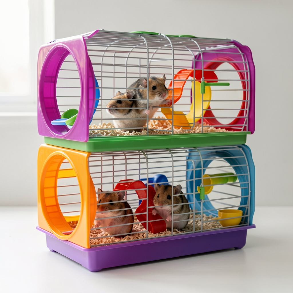 Hamster kafesi geniş iki katlı plastik ve tel kombinasyonu tünel modüllü renkli aksesuarlı
