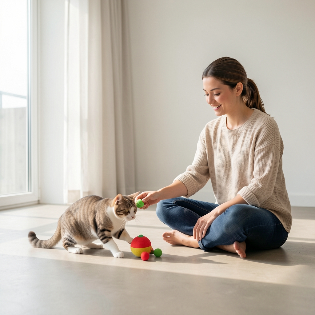 Evcil kedi evde interaktif oyuncakla oynuyor, kedi sahibi zemin üzerinde oturmuş kediyi yönlendiriyor, aydınlık minimalist iç mekan