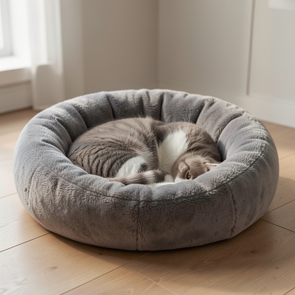Yumuşak peluş kedi yatağı, oval şekil, kaymaz taban, gri renk, küçük ve orta boy kediler için