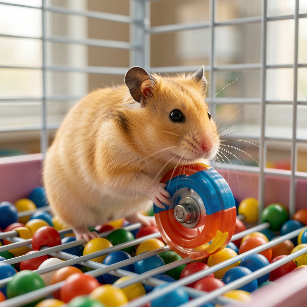 Sevimli sarı hamster koşu tekerleğinde koşuyor renkli boncuklu kafes içinde yakın plan fotoğraf