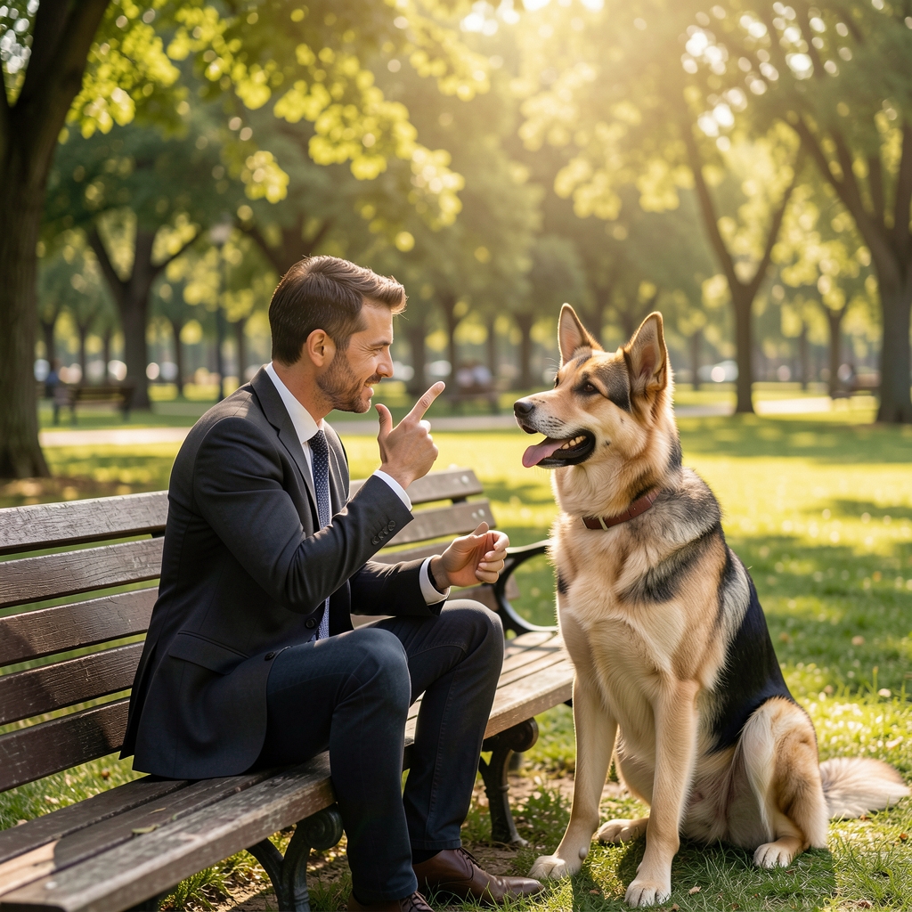 Profesyonel köpek eğitmeni köpeğiyle dışarıda otururken el işaretiyle komut veriyor, köpek dikkatle bakıyor, güneşli park ortamı