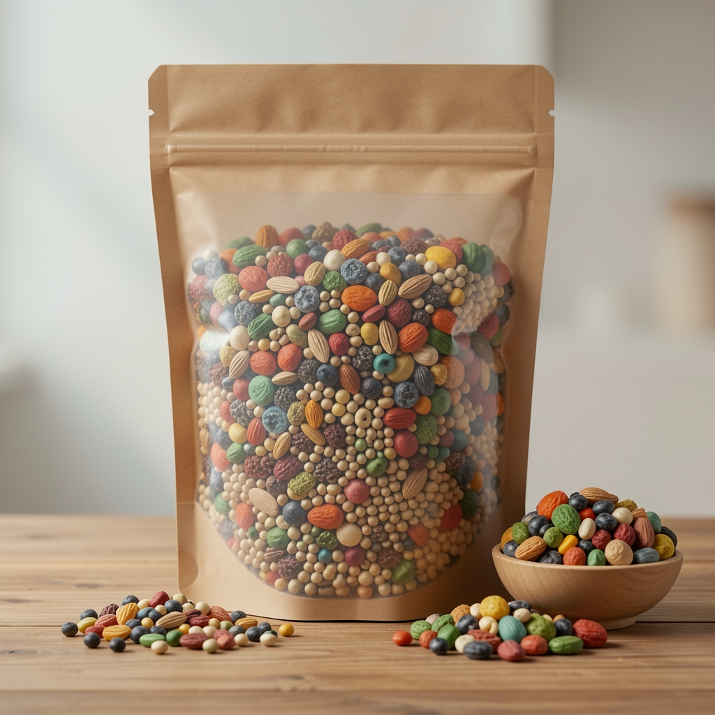 Renkli kabuklu muhabbet kuşu tohum karışımı mama 1 kg çantası üzerinde malzeme listesi ile