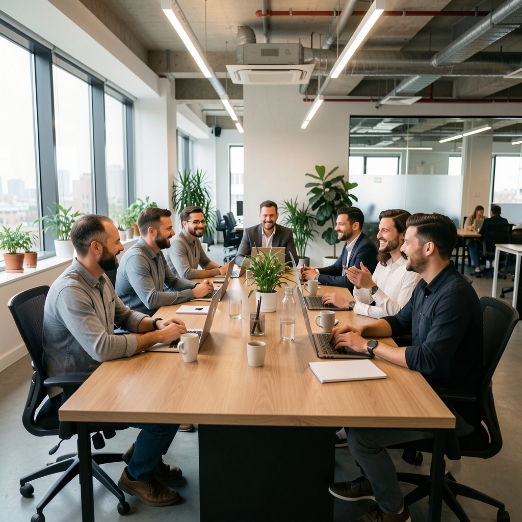 Petorix ofis ekibi toplantı masasında oturuyor, modern açık ofis ortamı, samimi ve enerjik çalışma atmosferi